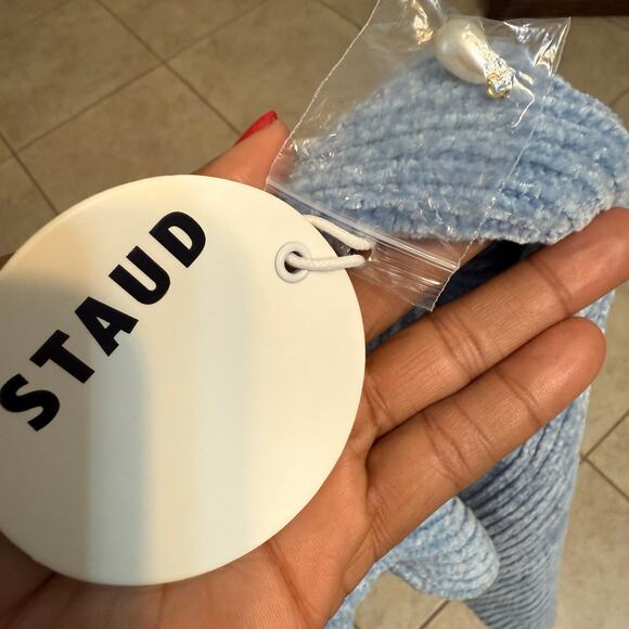 Staud Lindsey Dress Blue Ice off shoulder dress pearl beaded collar large NWTs - Picture 8 of 10